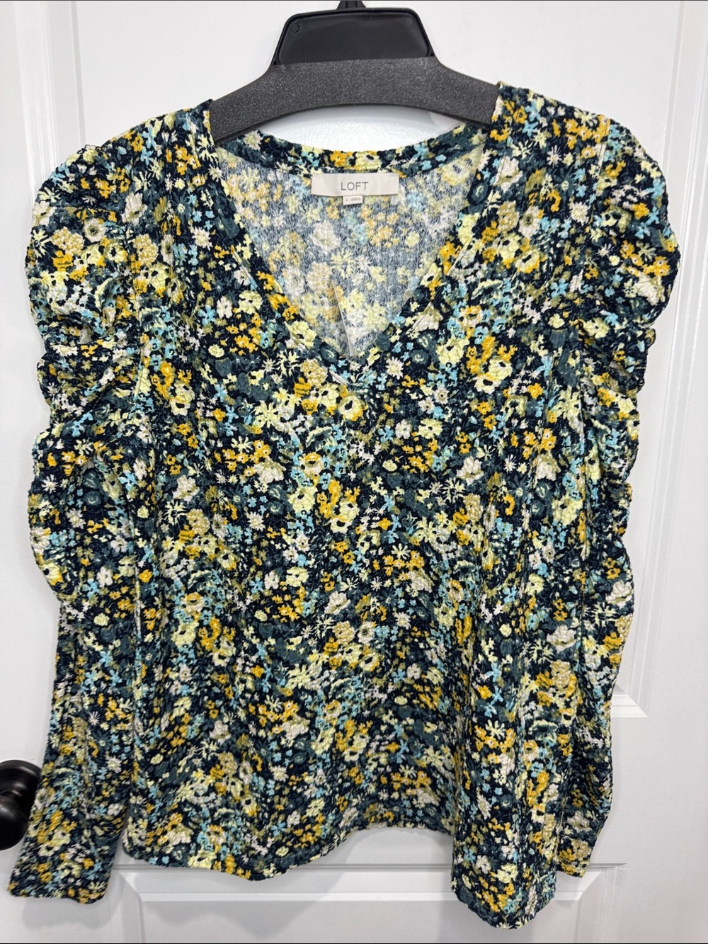 LOFT Navy Floral V-Neck Puff Sleeve Blouse with Yellow Accents